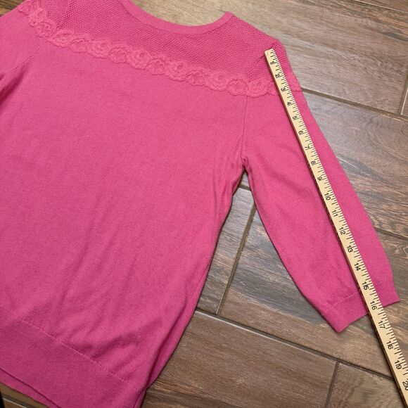 ELLE HOT PINK SWEATER LACE TRIM TEXTURED YOKE ROUND NECK 3/4 SLEEVE SIZE L - Picture 4 of 7